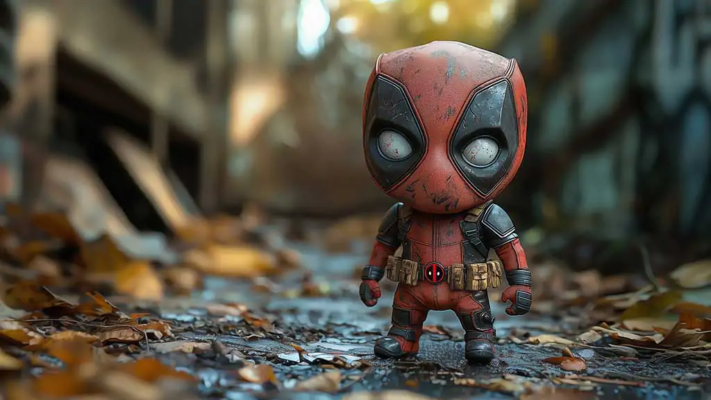 Fond d'écran Baby Deadpool résolution 4K, dans un design mignon avec un fond d'automne Ultra HD pour ordinateurs de bureau et téléphones.