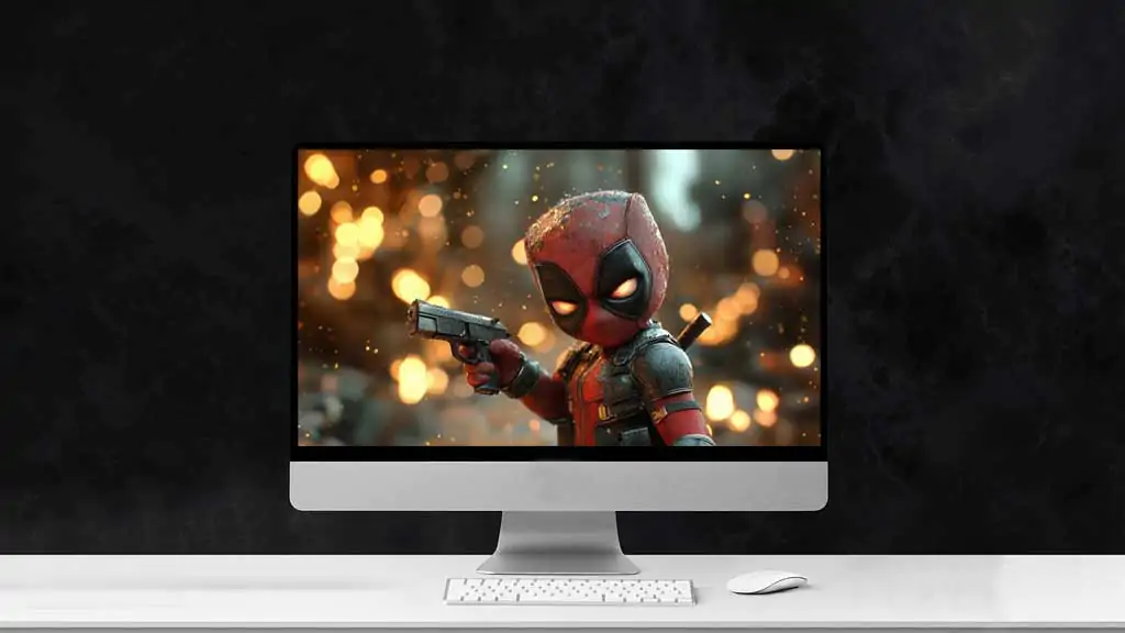 Chibi baby Deadpool wallpaper 4K with glowing eyes holding mini gun against golden bokeh Ultra HD background, for desktop