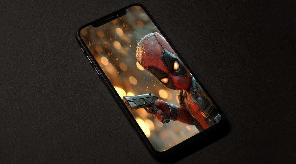 Fond d'écran 4K de bébé Chibi Deadpool avec des yeux brillants tenant une minigun sur un arrière-plan bokeh doré Ultra HD, pour tous les téléphones portables et iPhone