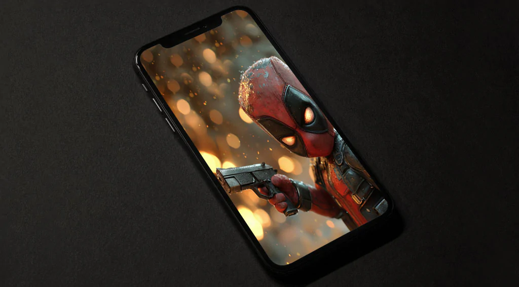 Chibi baby Deadpool wallpaper 4K with glowing eyes holding mini gun against golden bokeh Ultra HD background, for all mobile phone and iphone