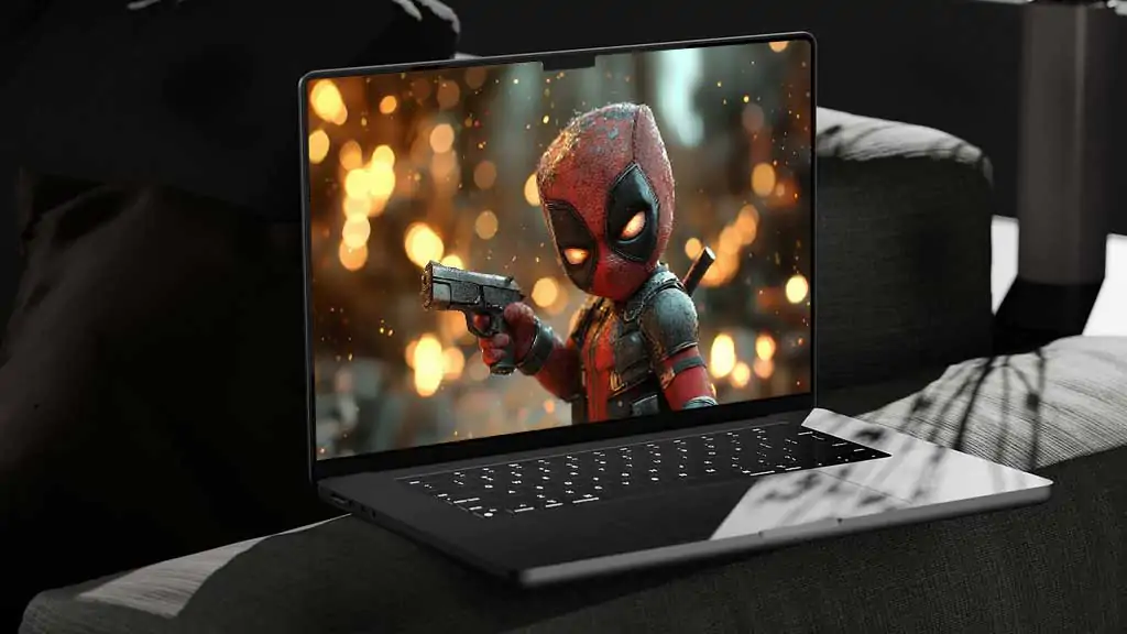 Chibi baby Deadpool wallpaper 4K with glowing eyes holding mini gun against golden bokeh Ultra HD background, for laptop