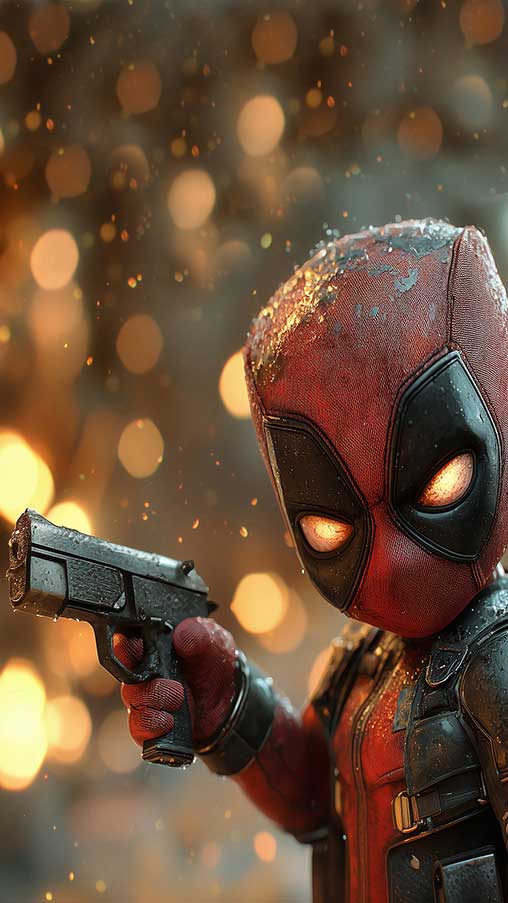 Fond d'écran 4K de bébé Chibi Deadpool avec des yeux brillants tenant une minigun sur un arrière-plan bokeh doré Ultra HD, pour tous les téléphones portables et iPhone