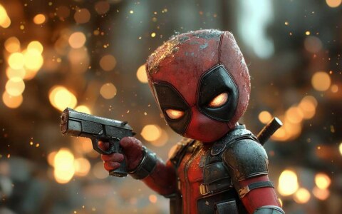 Chibi baby Deadpool wallpaper 4K with glowing eyes holding mini gun against golden bokeh Ultra HD background, for all devices