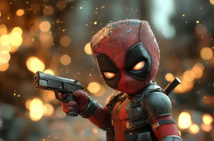 Fond d'écran bébé Chibi Deadpool 4K avec des yeux brillants tenant une mitrailleuse sur un arrière-plan doré bokeh Ultra HD, pour tous les appareils