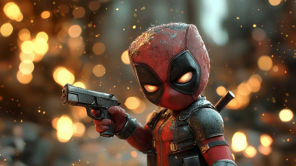 Fond d'écran bébé Chibi Deadpool 4K avec des yeux brillants tenant une mitrailleuse sur un arrière-plan doré bokeh Ultra HD, pour tous les appareils