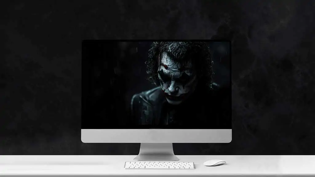 Dramatic Joker wallpaper in rain with blue lighting effects showing detailed makeup and wet hair, available in HD and 4K resolution