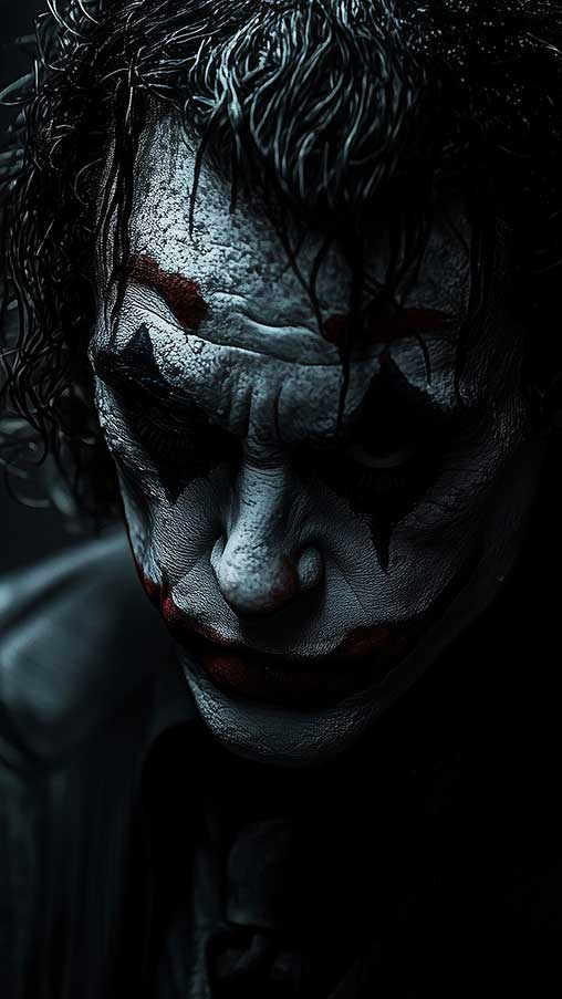 fond écran Joker dramatique sous la pluie avec effets de lumière bleue montrant le maquillage détaillé et les cheveux mouillés, disponible en résolution HD et 4K.