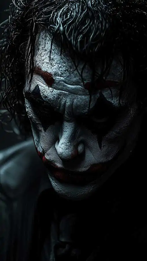 Dramatic Joker wallpaper in rain with blue lighting effects showing detailed makeup and wet hair, available in HD and 4K resolution