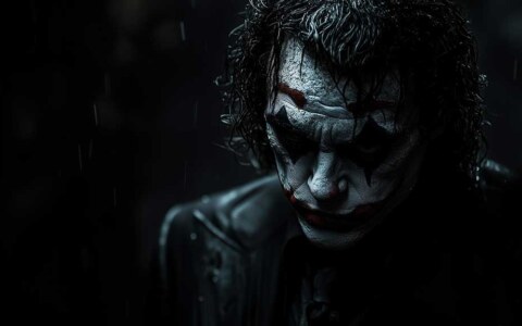 fond écran Joker dramatique sous la pluie avec effets de lumière bleue montrant le maquillage détaillé et les cheveux mouillés, disponible en résolution HD et 4K.