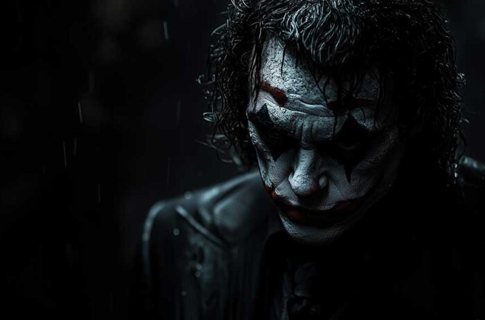 fond écran Joker dramatique sous la pluie avec effets de lumière bleue montrant le maquillage détaillé et les cheveux mouillés, disponible en résolution HD et 4K.