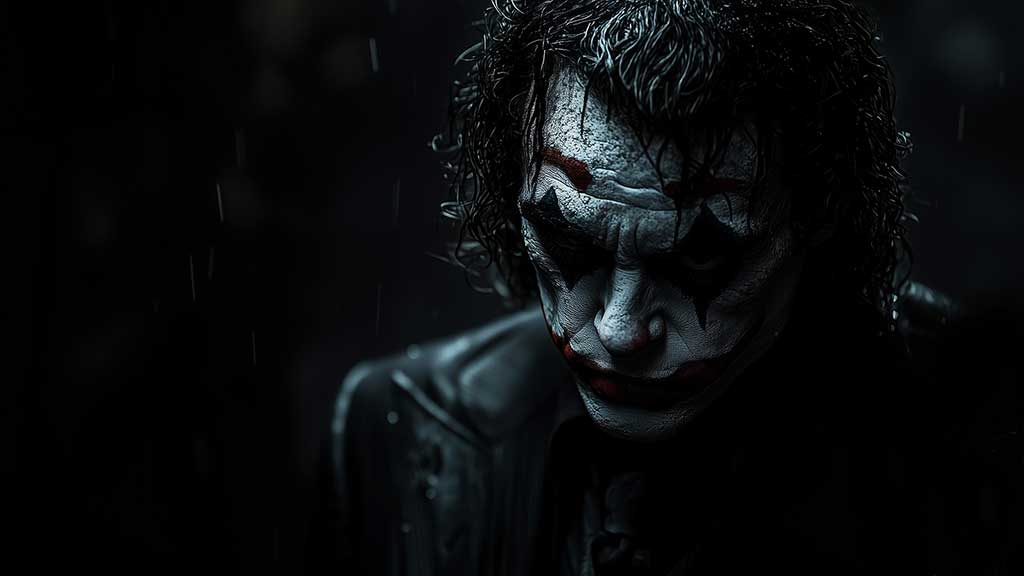fond écran Joker dramatique sous la pluie avec effets de lumière bleue montrant le maquillage détaillé et les cheveux mouillés, disponible en résolution HD et 4K.