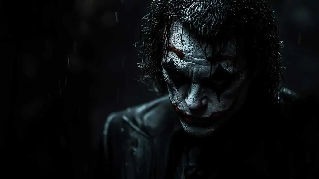 Dramatic Joker wallpaper in rain with blue lighting effects showing detailed makeup and wet hair, available in HD and 4K resolution