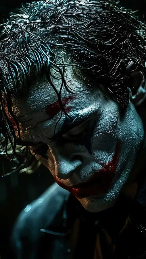 Fond d'écran Joker sombre et lunatique 4K avec éclairage dramatique dans un maquillage classique sur fond noir avec effet de pluie, disponible en HD et en résolution