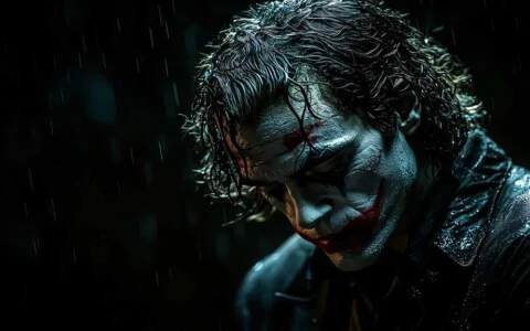 Dark moody Joker wallpaper 4K with dramatic lighting in classic makeup against black background with rain effect, available in HD and resolution