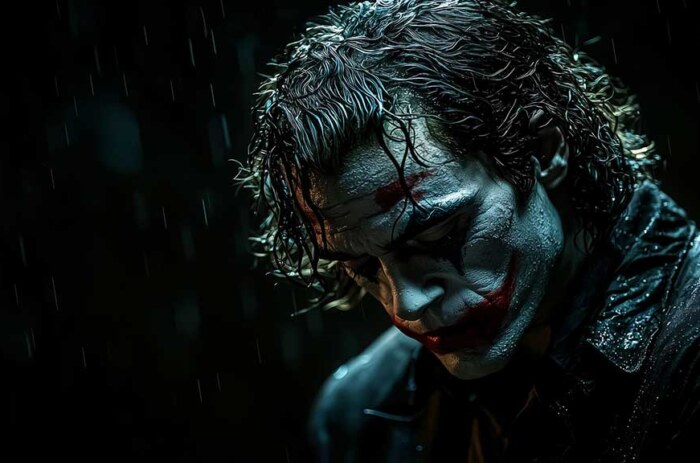 Fond d'écran Joker sombre et lunatique 4K avec éclairage dramatique dans un maquillage classique sur fond noir avec effet de pluie, disponible en HD et en résolution
