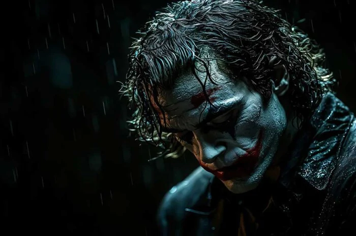 Dark moody Joker wallpaper 4K with dramatic lighting in classic makeup against black background with rain effect, available in HD and resolution