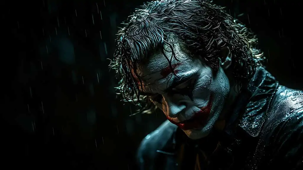 Fond d'écran Joker sombre et lunatique 4K avec éclairage dramatique dans un maquillage classique sur fond noir avec effet de pluie, disponible en HD et en résolution