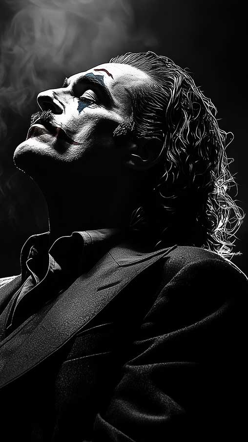 fond écran artistique du Joker en noir et blanc présentant une silhouette de profil dramatique en costume avec des effets de fumée, disponible en résolution HD et 4K.