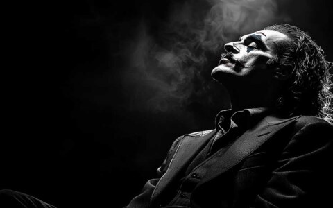 fond écran artistique du Joker en noir et blanc présentant une silhouette de profil dramatique en costume avec des effets de fumée, disponible en résolution HD et 4K.