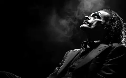 Artistic black and white Joker wallpaper featuring dramatic profile silhouette in suit with smoke effects, available in HD and 4K resolution