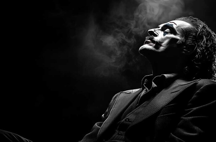 fond écran artistique du Joker en noir et blanc présentant une silhouette de profil dramatique en costume avec des effets de fumée, disponible en résolution HD et 4K.