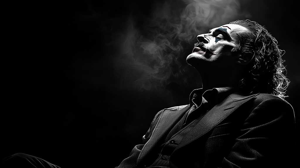 fond écran artistique du Joker en noir et blanc présentant une silhouette de profil dramatique en costume avec des effets de fumée, disponible en résolution HD et 4K.