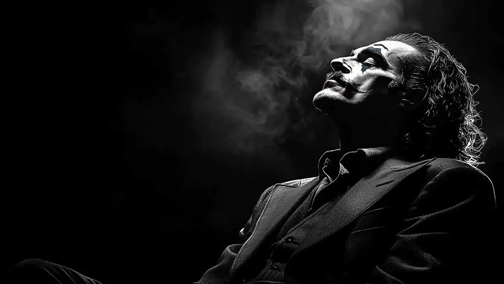 Artistic black and white Joker wallpaper featuring dramatic profile silhouette in suit with smoke effects, available in HD and 4K resolution