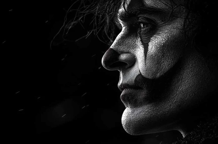 Download this dramatic black & white Joaquin Phoenix Joker profile wallpaper in 4K quality. Features stunning detail and lighting, for all device