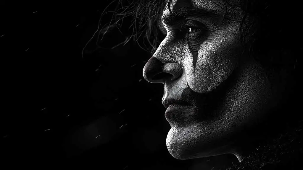 Download this dramatic black & white Joaquin Phoenix Joker profile wallpaper in 4K quality. Features stunning detail and lighting, for all device