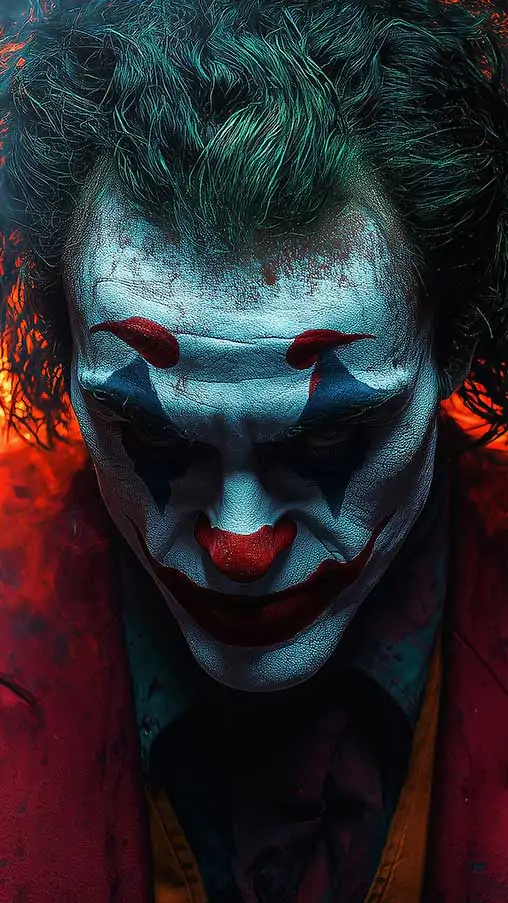 fond écran Joker de Joaquin Phoenix avec effets de feu dramatiques et peinture faciale cyan sur fond de flammes rouges, disponible en HD et 4K.