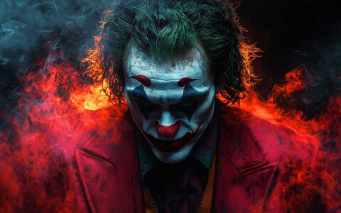fond écran Joker de Joaquin Phoenix avec effets de feu dramatiques et peinture faciale cyan sur fond de flammes rouges, disponible en HD et 4K.