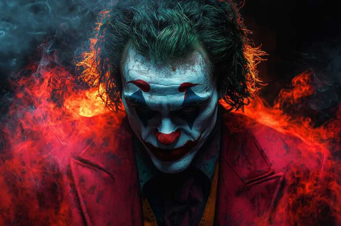 fond écran Joker de Joaquin Phoenix avec effets de feu dramatiques et peinture faciale cyan sur fond de flammes rouges, disponible en HD et 4K.