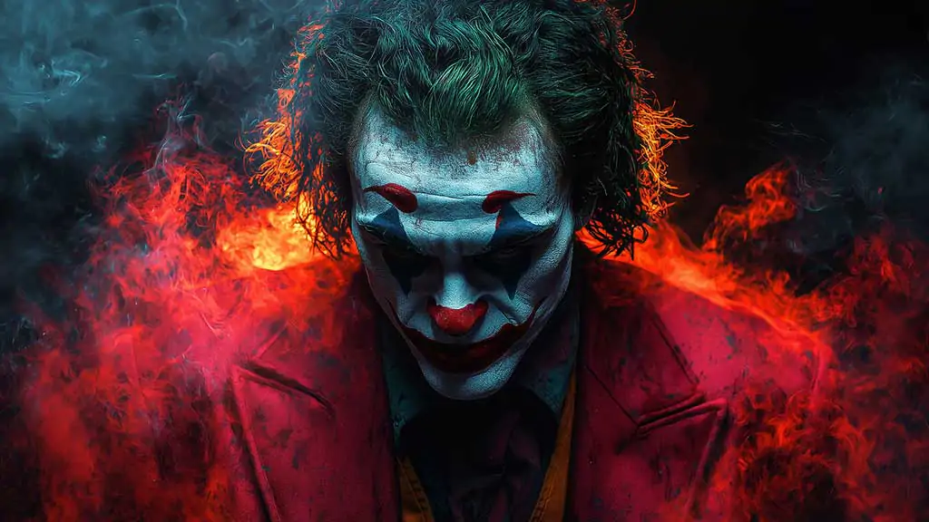 fond écran Joker de Joaquin Phoenix avec effets de feu dramatiques et peinture faciale cyan sur fond de flammes rouges, disponible en HD et 4K.