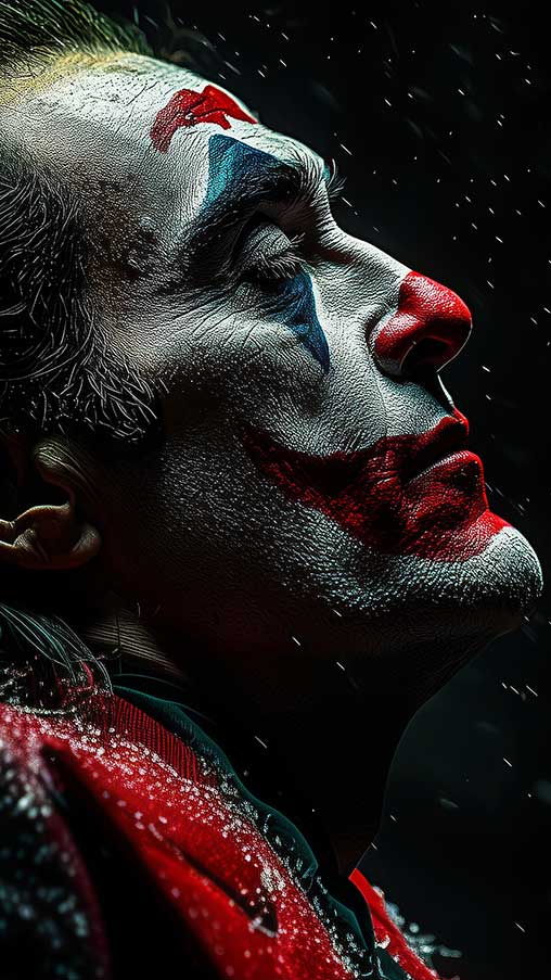 Fond d'écran gratuit Joaquin Phoenix Joker 4K en maquillage dramatique avec des flocons de neige, disponible en haute résolution Ultra HD pour ordinateur de bureau et mobile.