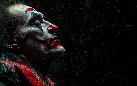 Fond d'écran gratuit Joaquin Phoenix Joker 4K en maquillage dramatique avec des flocons de neige, disponible en haute résolution Ultra HD pour ordinateur de bureau et mobile.