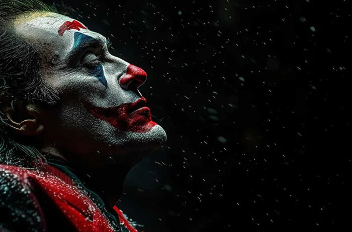 Fond d'écran gratuit Joaquin Phoenix Joker 4K en maquillage dramatique avec des flocons de neige, disponible en haute résolution Ultra HD pour ordinateur de bureau et mobile.