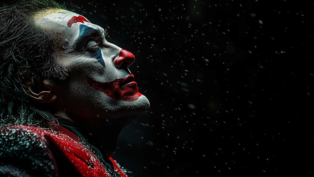 Fond d'écran gratuit Joaquin Phoenix Joker 4K en maquillage dramatique avec des flocons de neige, disponible en haute résolution Ultra HD pour ordinateur de bureau et mobile.