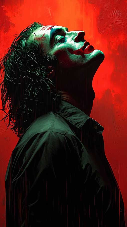 Fond d'écran Joker de Joaquin Phoenix 4K ultra HD avec fond rouge et pose emblématique du personnage, disponible en formats desktop et mobile haute résolution.