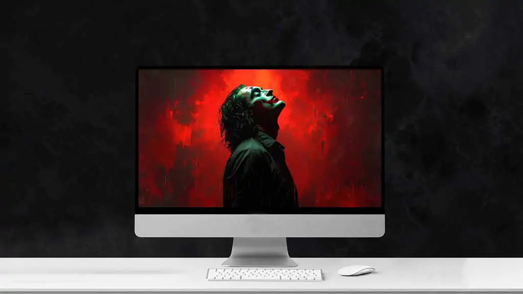 Joaquin Phoenix Joker wallpaper 4K ultra HD with red background and iconic character pose, available in high-resolution desktop and mobile formats