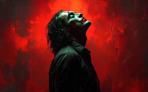 Fond d'écran Joker de Joaquin Phoenix 4K ultra HD avec fond rouge et pose emblématique du personnage, disponible en formats desktop et mobile haute résolution.