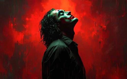 Joaquin Phoenix Joker wallpaper 4K ultra HD with red background and iconic character pose, available in high-resolution desktop and mobile formats