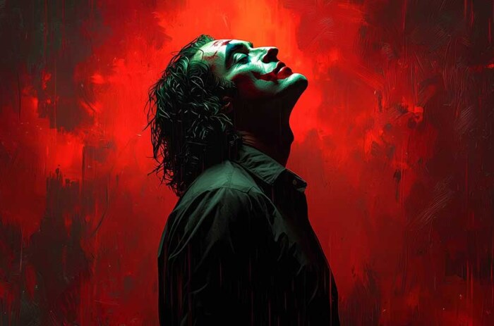 Fond d'écran Joker de Joaquin Phoenix 4K ultra HD avec fond rouge et pose emblématique du personnage, disponible en formats desktop et mobile haute résolution.
