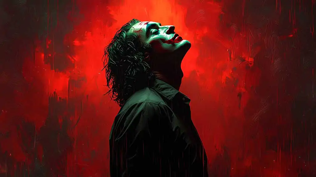 Joaquin Phoenix Joker wallpaper 4K ultra HD with red background and iconic character pose, available in high-resolution desktop and mobile formats