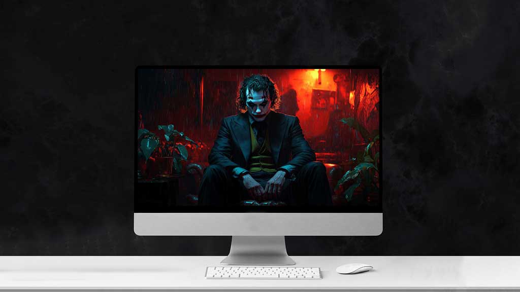 Joker Joaquin Phoenix fond d'écran 4k assis dans une pièce sombre aux tons rouges et bleus, en haute résolution ultrq HD desktop et mobile