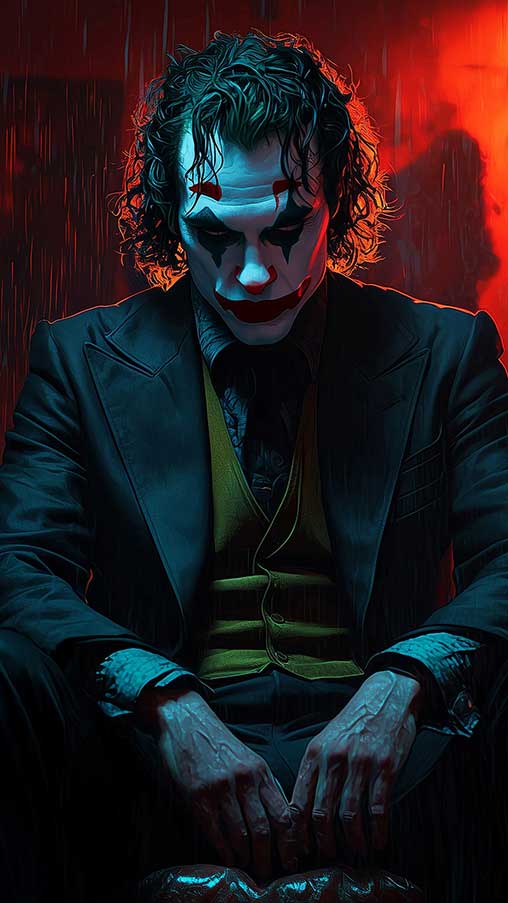 Joker Joaquin Phoenix fond d'écran 4k assis dans une pièce sombre aux tons rouges et bleus, en haute résolution ultrq HD desktop et mobile