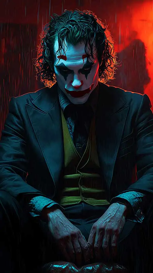 Joker Joaquin Phoenix wallpaper 4k seated in a moody room with red and blue tones, in high-resolution ultrq HD desktop and mobile