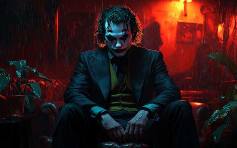Joker Joaquin Phoenix fond d'écran 4k assis dans une pièce sombre aux tons rouges et bleus, en haute résolution ultrq HD desktop et mobile