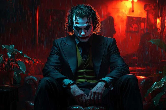 Joker Joaquin Phoenix wallpaper 4k seated in a moody room with red and blue tones, in high-resolution ultrq HD desktop and mobile