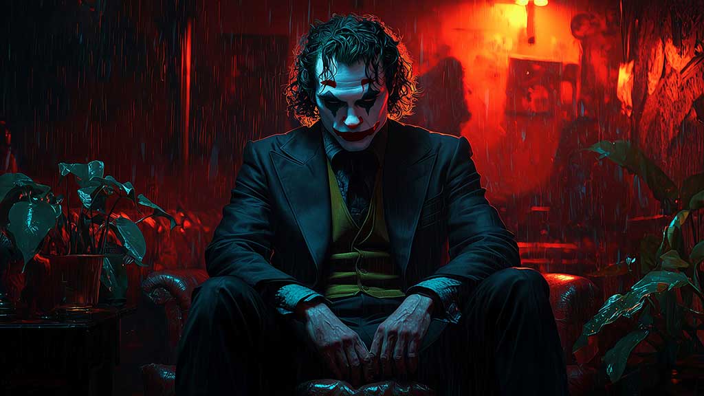 Joker Joaquin Phoenix fond d'écran 4k assis dans une pièce sombre aux tons rouges et bleus, en haute résolution ultrq HD desktop et mobile