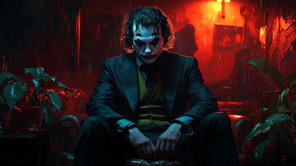 Joker Joaquin Phoenix wallpaper 4k seated in a moody room with red and blue tones, in high-resolution ultrq HD desktop and mobile